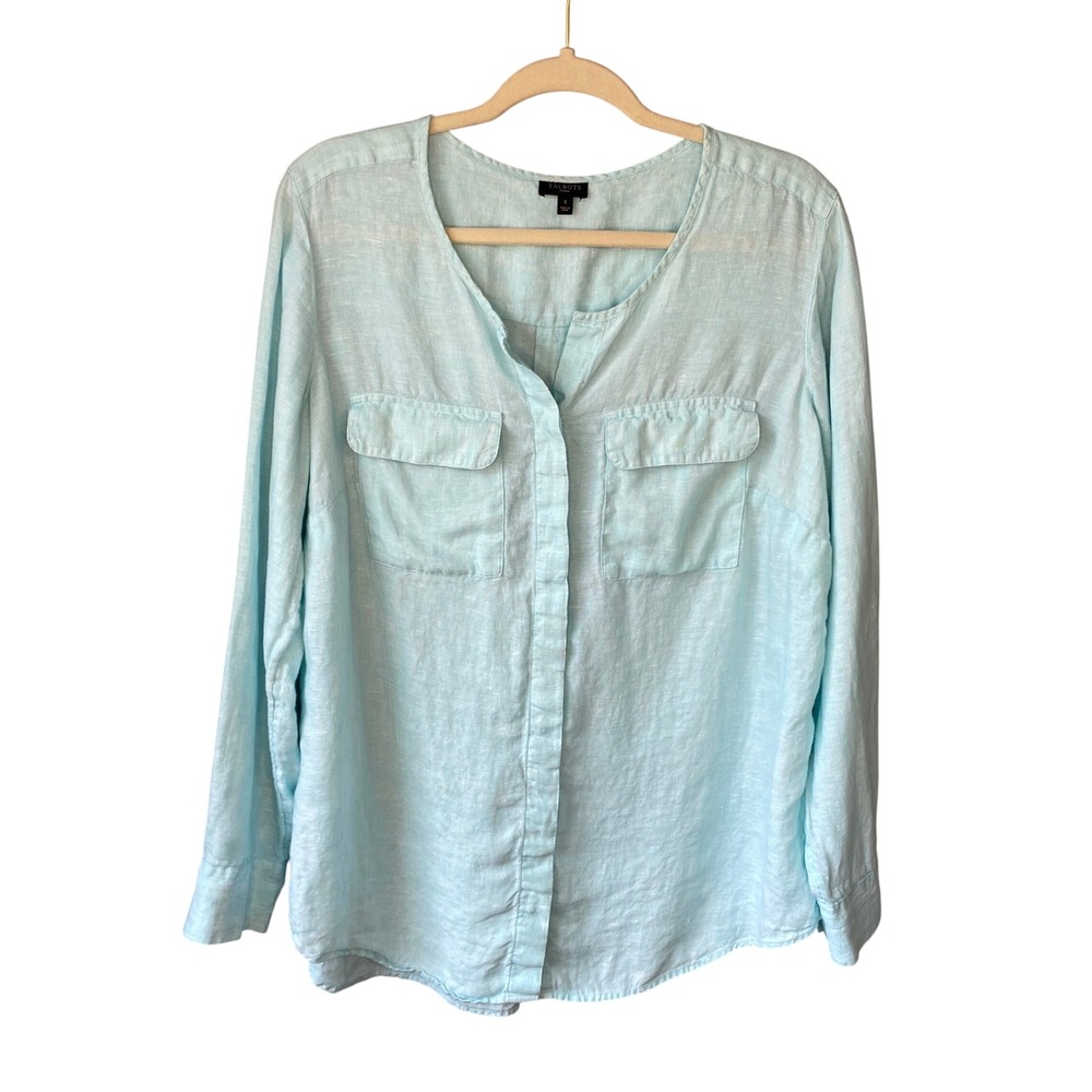 Talbots Woman Light Blue 100% Linen Roll Tab Sleeve Button Up Shirt Size X
